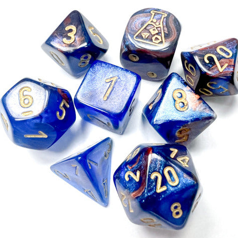 7 Piece Polyhedral Set - Lustrous Polyhedral Azurite with Gold - Lab Dice