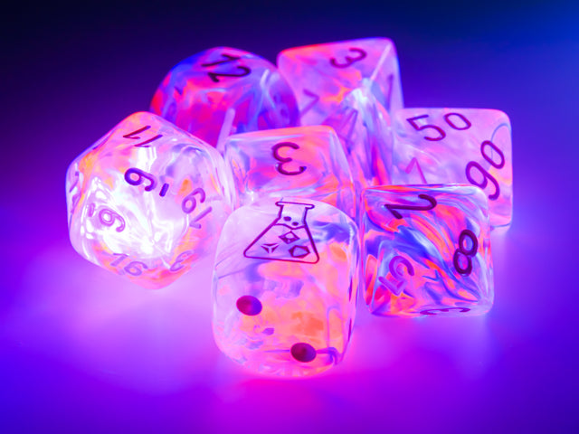 7 Piece Polyhedral Set - Nebula Polyhedral Black Light Special with White - Lab Dice