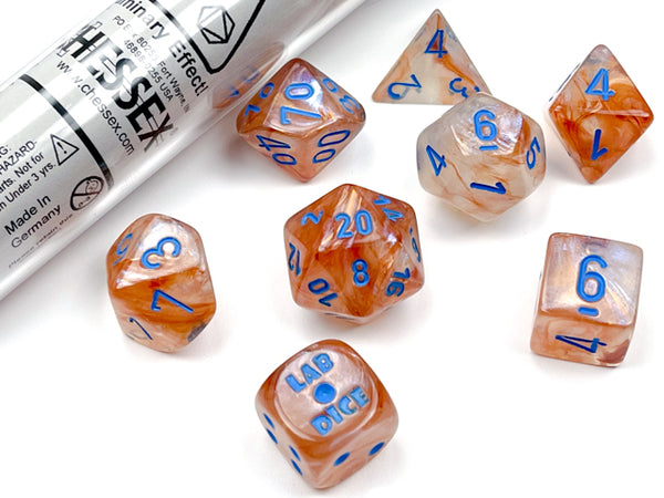7 Piece Polyhedral Set - Borealis Luminary Rose Gold with Blue - Lab Dice
