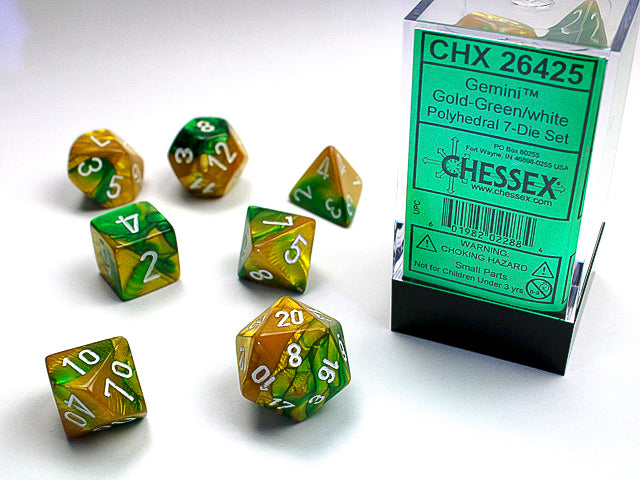 7 Piece Polyhedral Set - Gemini Gold/Green with White