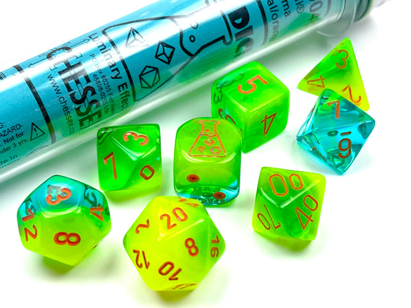 7 Piece Polyhedral Set - Gemini Plasma Green-Teal with Orange - Lab Di