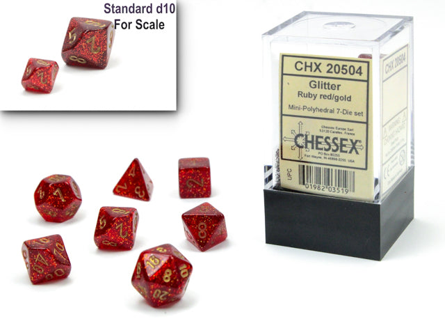 7 Piece Mini-Polyhedral Set - Glitter Ruby Red/Gold