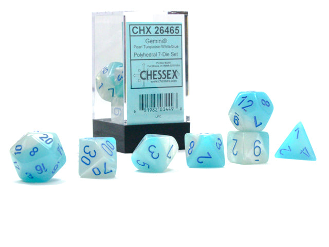 7 Piece Polyhedral Set - Gemini Pearl Turquoise-white/blue