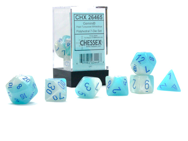 7 Piece Polyhedral Set - Gemini Pearl Turquoise-white/blue